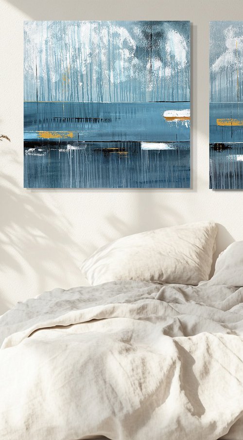 Azure Resonance diptych set gold blue by Tatiana Malinovscaia