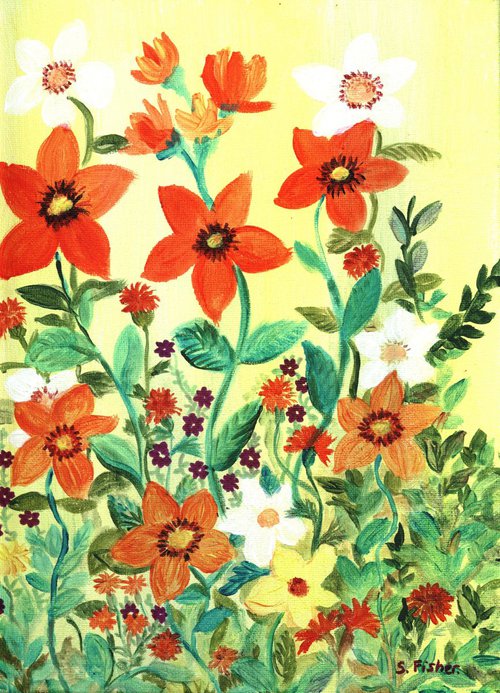 yellow days stylised flowers in orange and purple. by Sandra Fisher