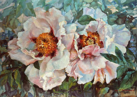 Two peonies. 100x70