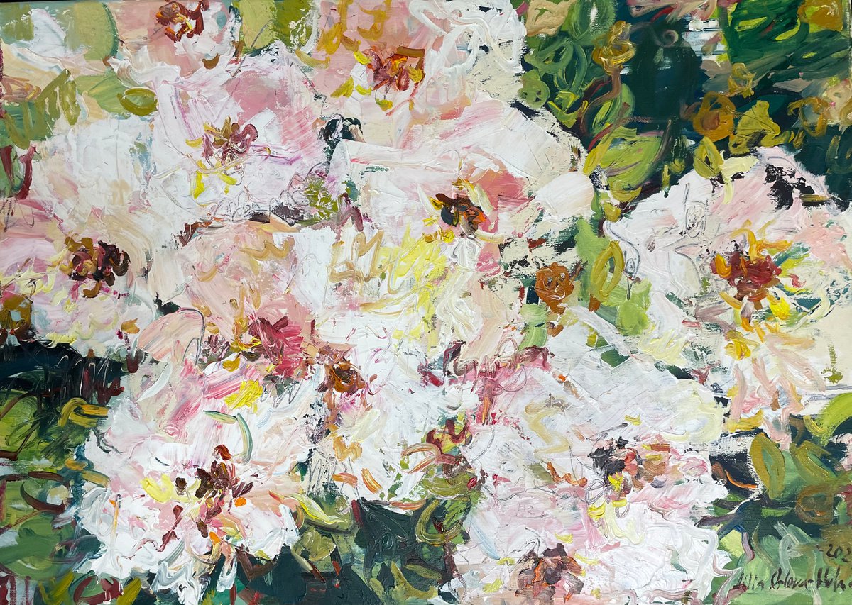 Impressionistic Botanical Oil Painting By Lilia Orlova-Holmes, 28 X 20", Rose Hedge., Original Artwork