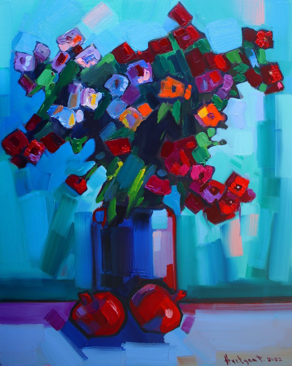 Impressionistic Still Life Oil Painting By Tigran Avetyan, 18 X 22", Flowers, Original Artwork