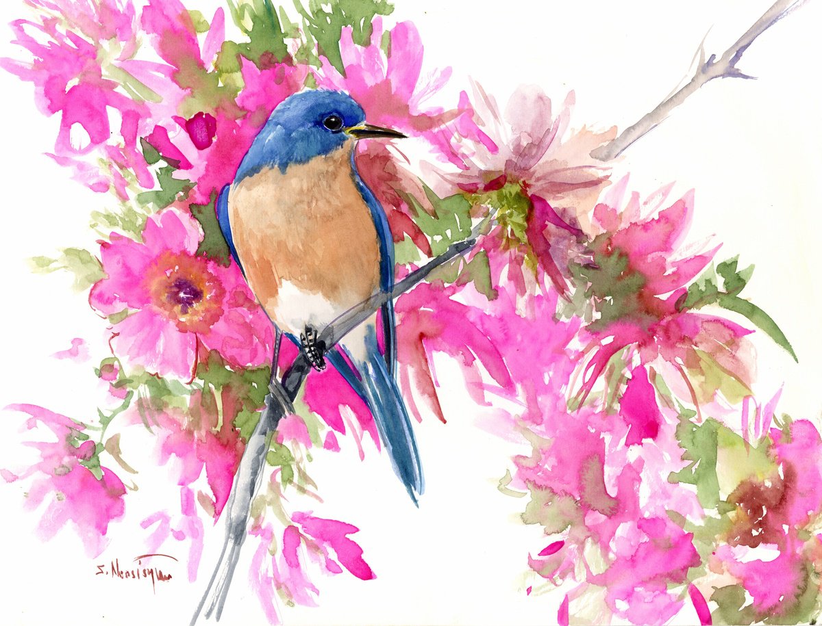 Bluebird and Pink Flowers by Suren Nersisyan