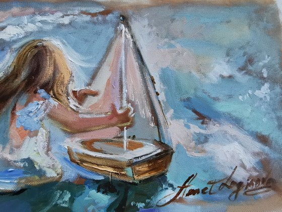 Miniature sea painting, maritime atmosphere on an oil canvas