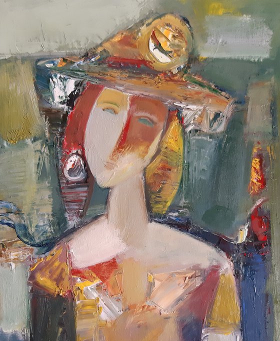 Lady and fish  (42x58cm ,oil/canvas, abstract portrait)