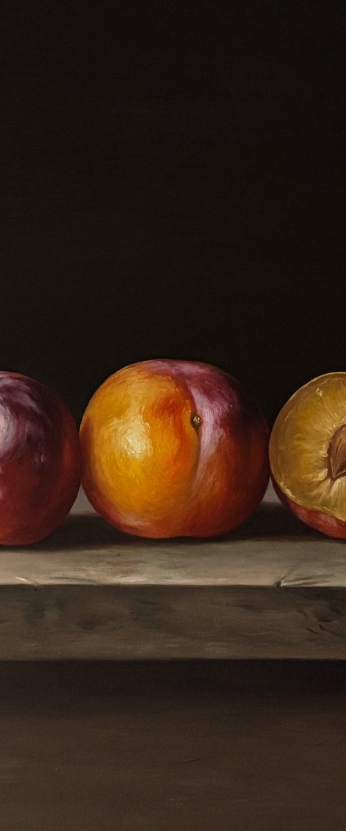 Plums on a Wooden Table by Gevorg Sinanian