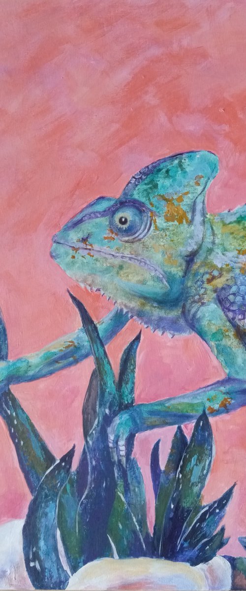 Green chameleon on a pink background by Liubov Samoilova