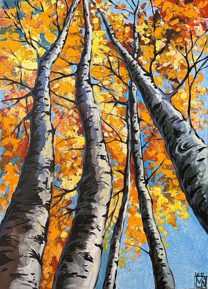 Impressionistic Landscape Acrylic Painting By Maria Kireev, 28 X 39", Golden Fall, Original Artwork