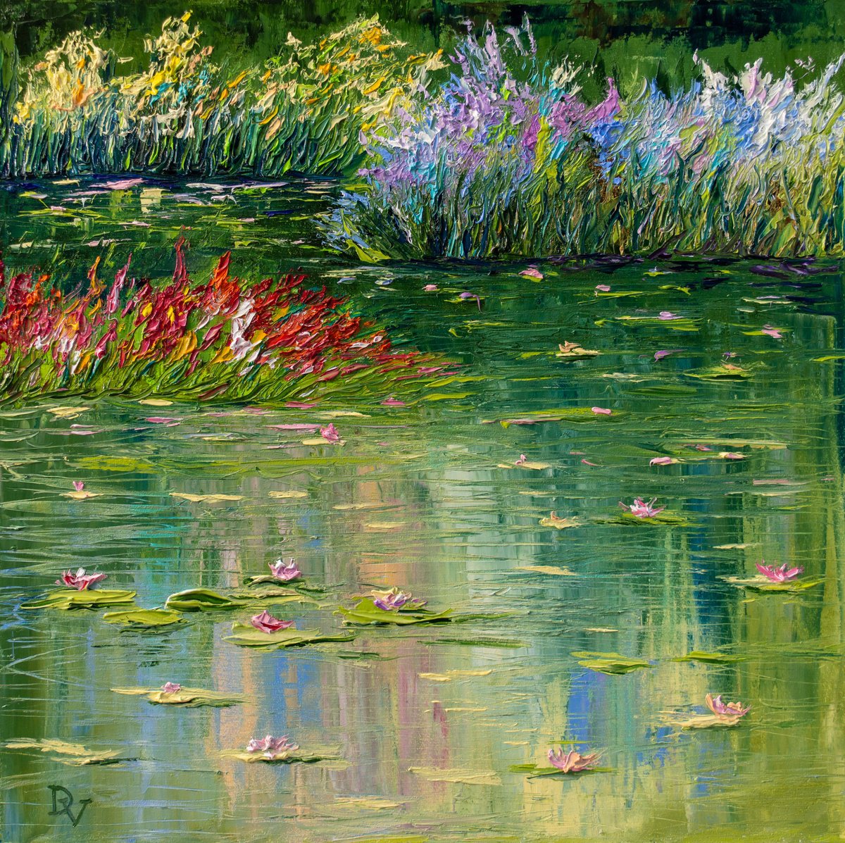 Impressionistic Botanical Oil Painting By Vladyslav Durniev, 24 X 24", Summer Pond, Original Artwork