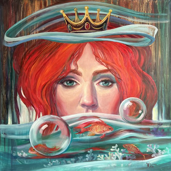 Queen of water and floating words. Red-haired woman.