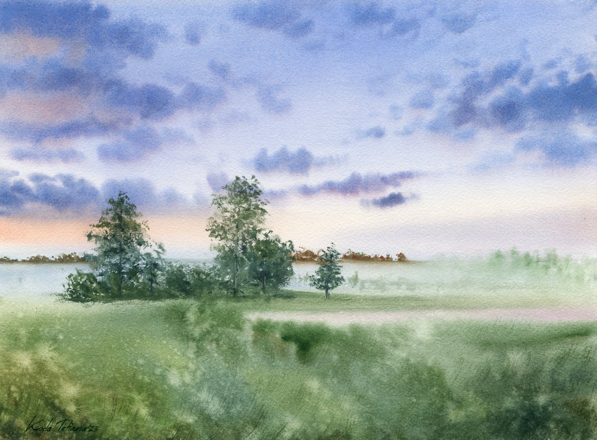 Impressionistic Landscape Watercolour By Tetiana Koda, 15 X 11", Evening Landscape, Original Artwork