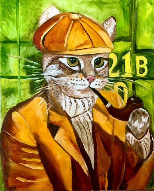 Cat- Sherlock Holmes with a pipe near  Baker  Street 221 B. “Fabulous feline” collection.. by Olga Koval