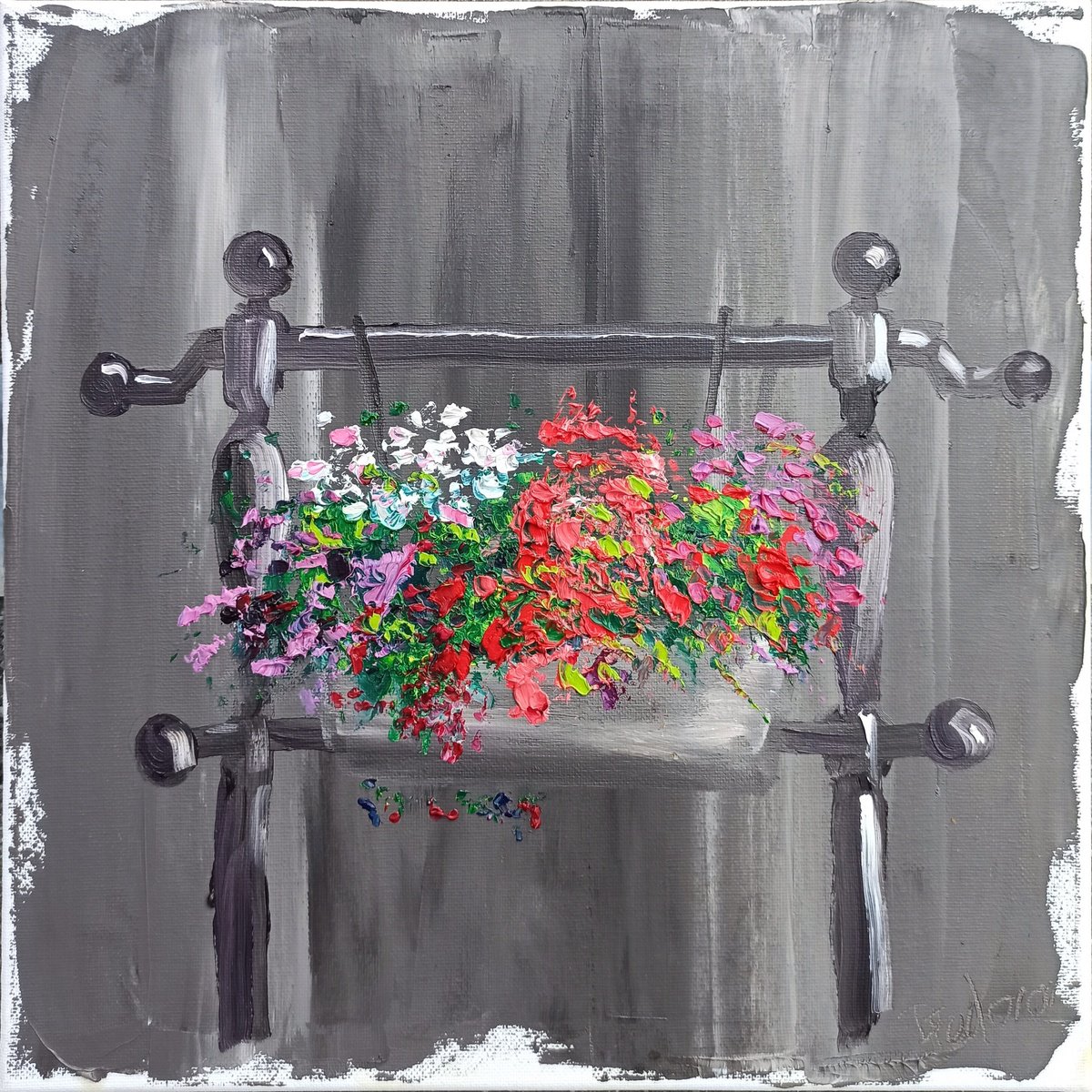 The flowers in the pot by the entrance. Plein air painting by Dmitry Fedorov