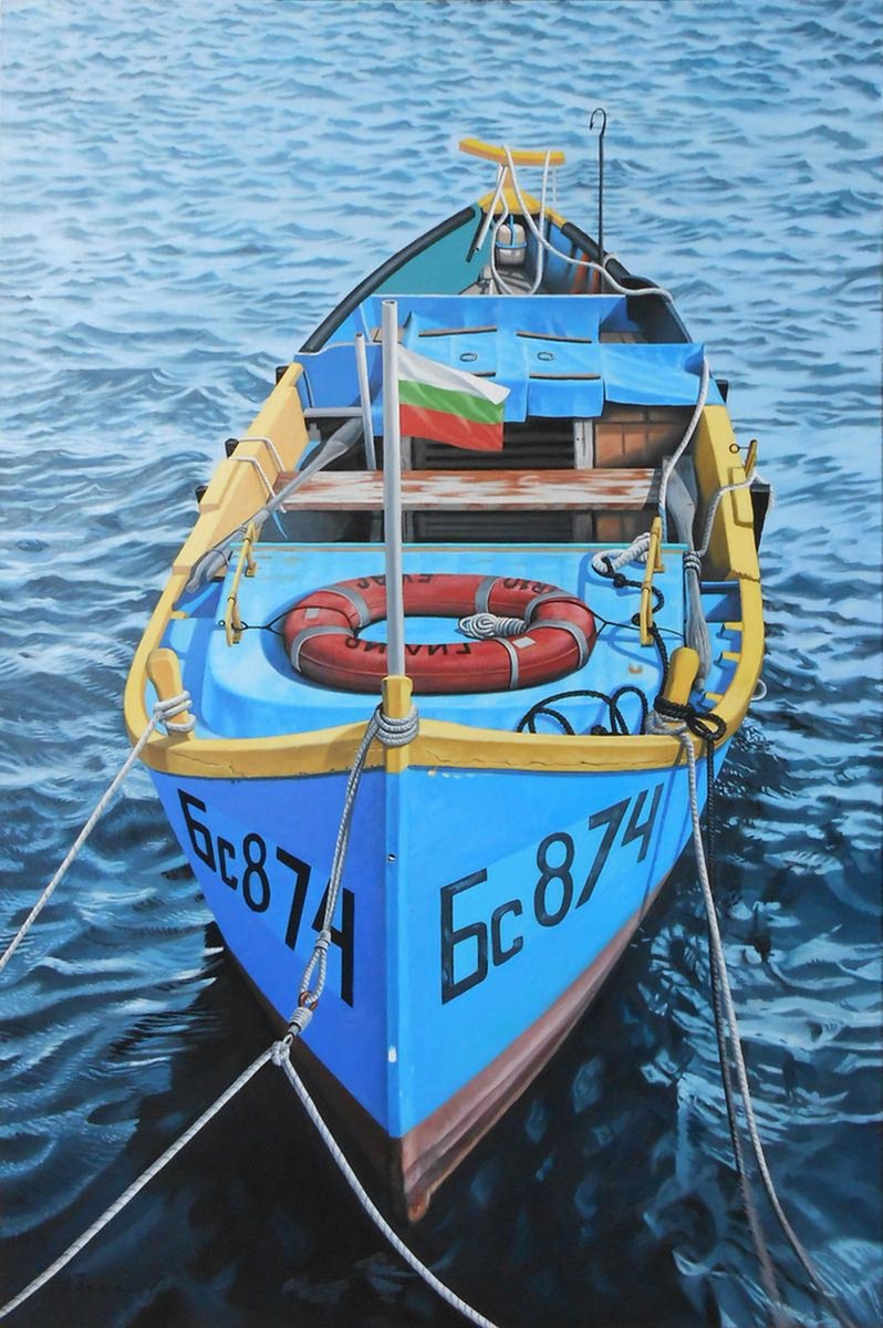 Photorealistic Landscape Oil Painting By Alexander Titorenkov, 24 X 35, Fishing Boat, Original Artwork