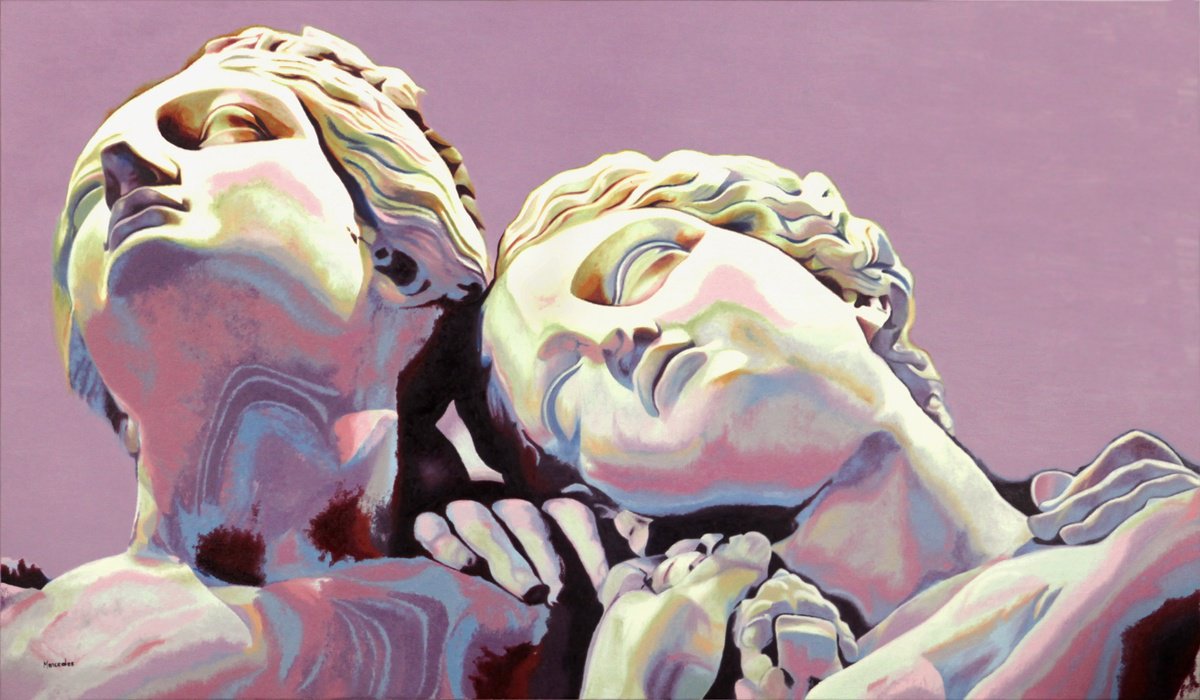 Urban And Pop Portrait Oil Painting By Mercedes Soret, 47 X 28", The Three Graces By Pradier, Original Artwork
