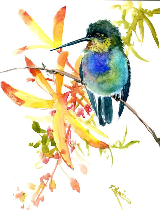 Little Hummingbird and tropical Flowers
