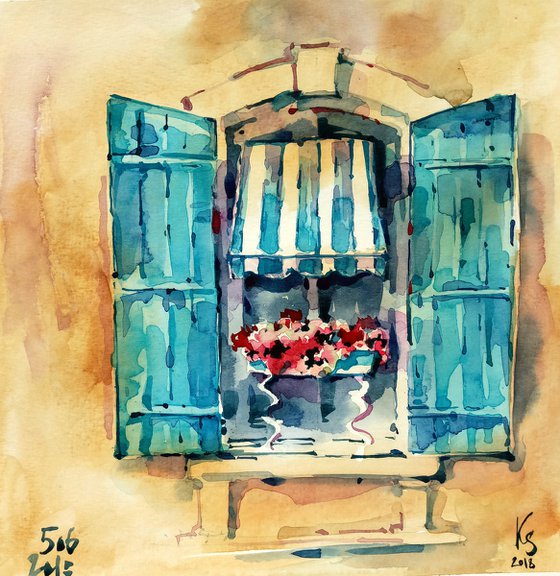 Urban romantic landscape "Window with flowers in Provence" original watercolor artwork in square format