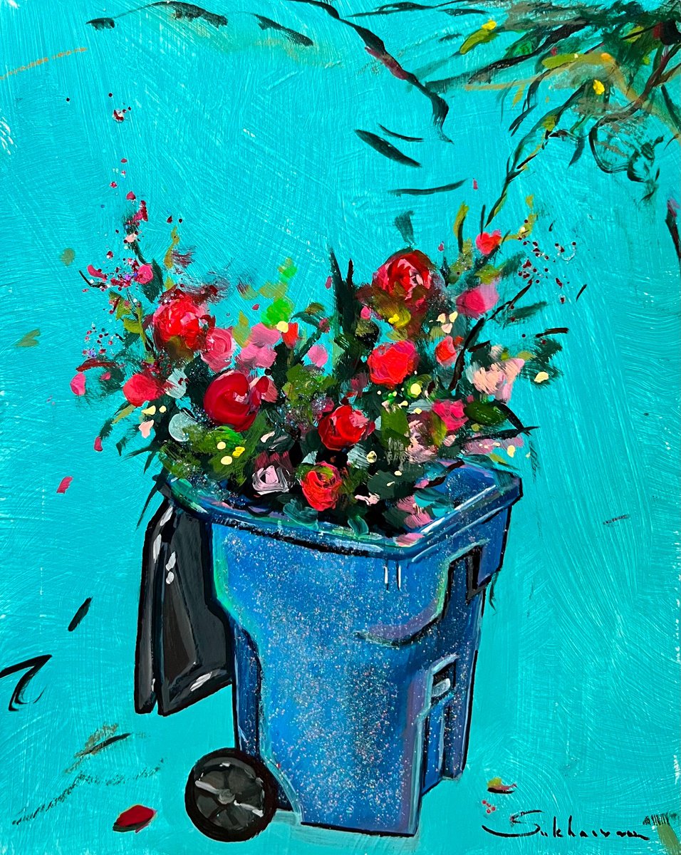 Impressionistic Still Life Acrylic Painting By Victoria Sukhasyan, 8 X 10", Roses In A Trash Bin, Original Artwork