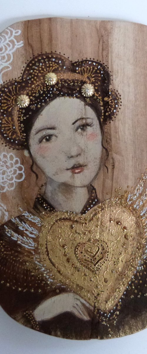 Portrait on wood, woman with a sacred heart. Sacred flight. by Loetitia Pillault