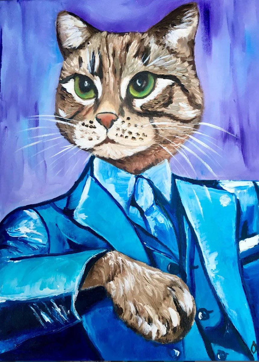 Impressionistic Animal Oil Painting By Olga Koval, 12 X 16", The Cat Of Wall Street., Original Artwork