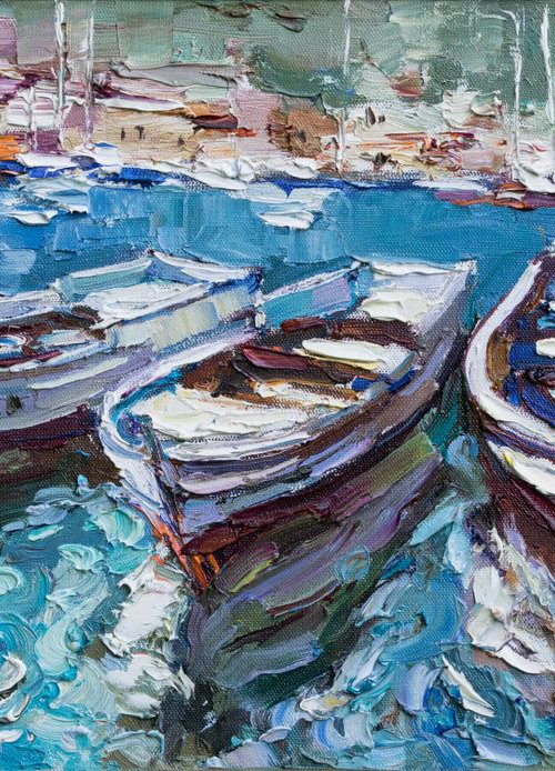 Rowing boats in the bay - Original oil painting by Anastasiia Valiulina