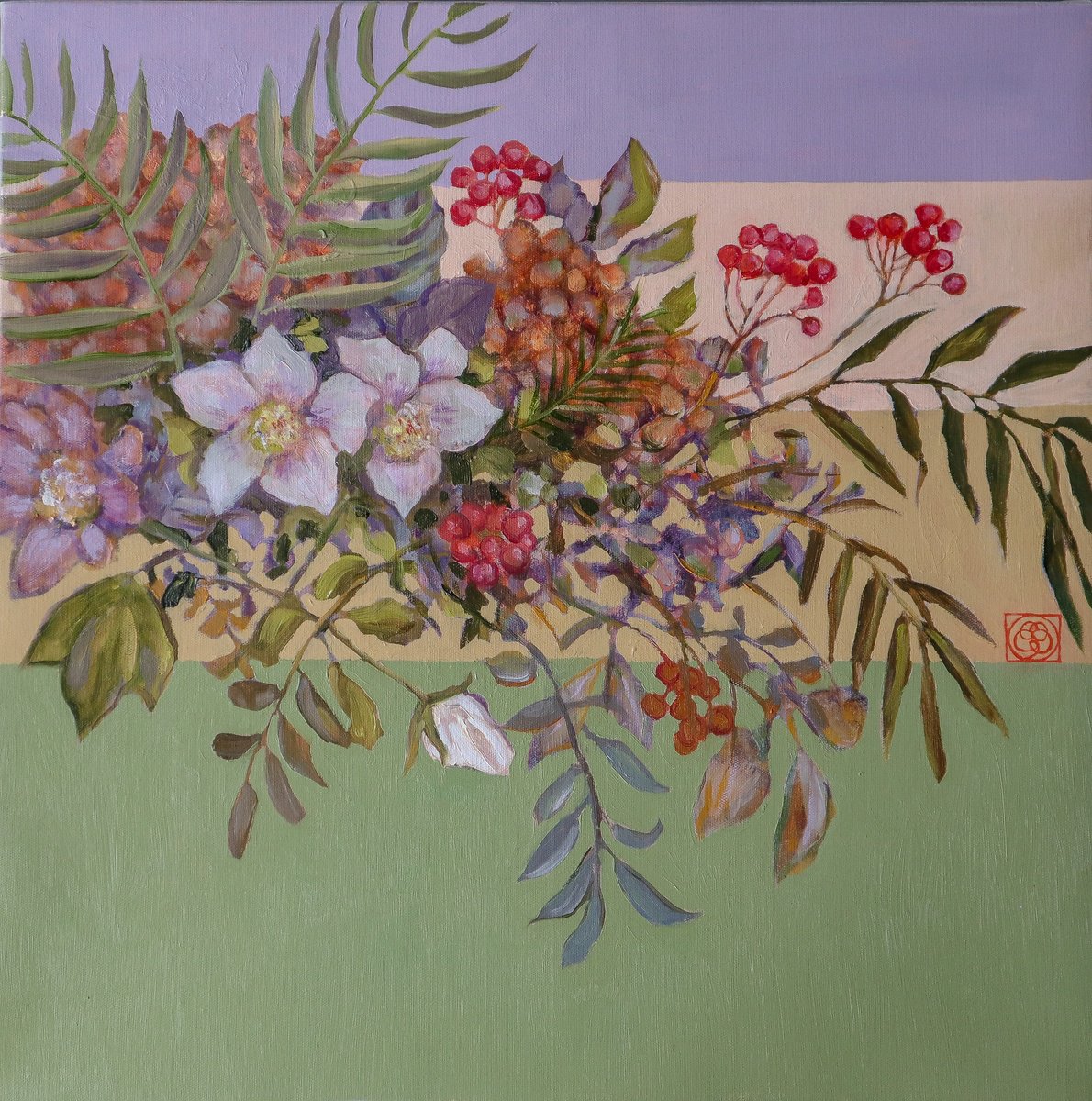 Impressionistic Botanical Oil Painting By Katia Bellini, 25 X 25", Floral Arrangement Decor, Original Artwork