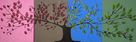 tree of life painting in a quadriptych style, for home office or nursery , original extra large wall art in acrylic hand made " Tree of Life " contemporary birds 64 x 20"