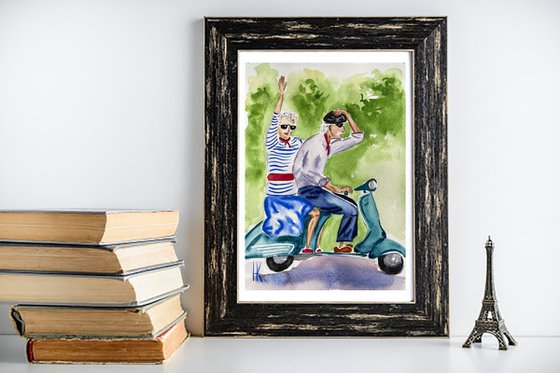 Motorcycle Painting Couple Original Art Motorbike Trip Watercolor Love Story Artwork Small Home Office Wall Art 9 by 12.5" by Halyna Kirichenko