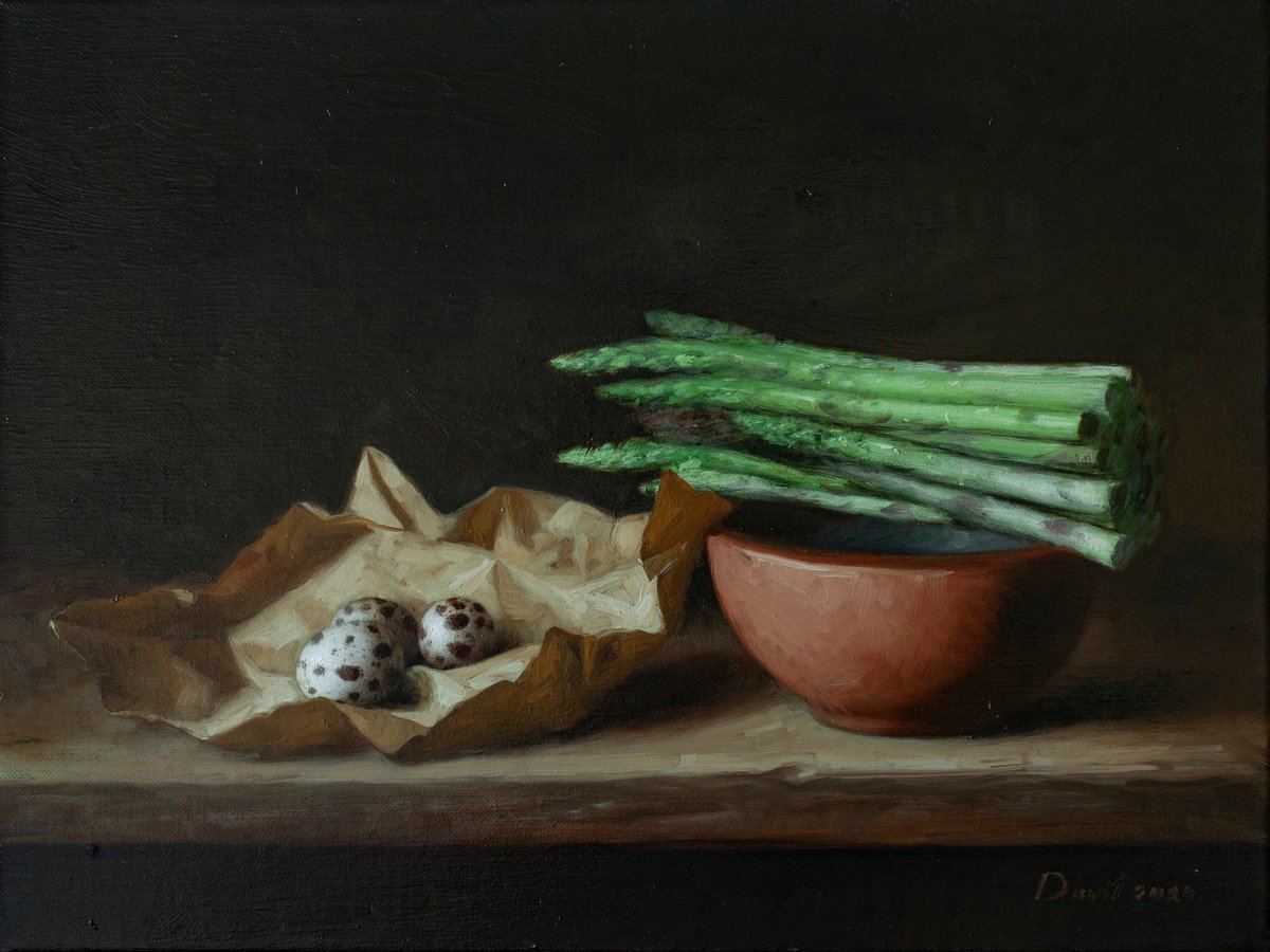 Photorealistic Still Life Oil Painting By Davit Davtyan, 16 X 12, Asparagus And Quail Eggs, Original Artwork