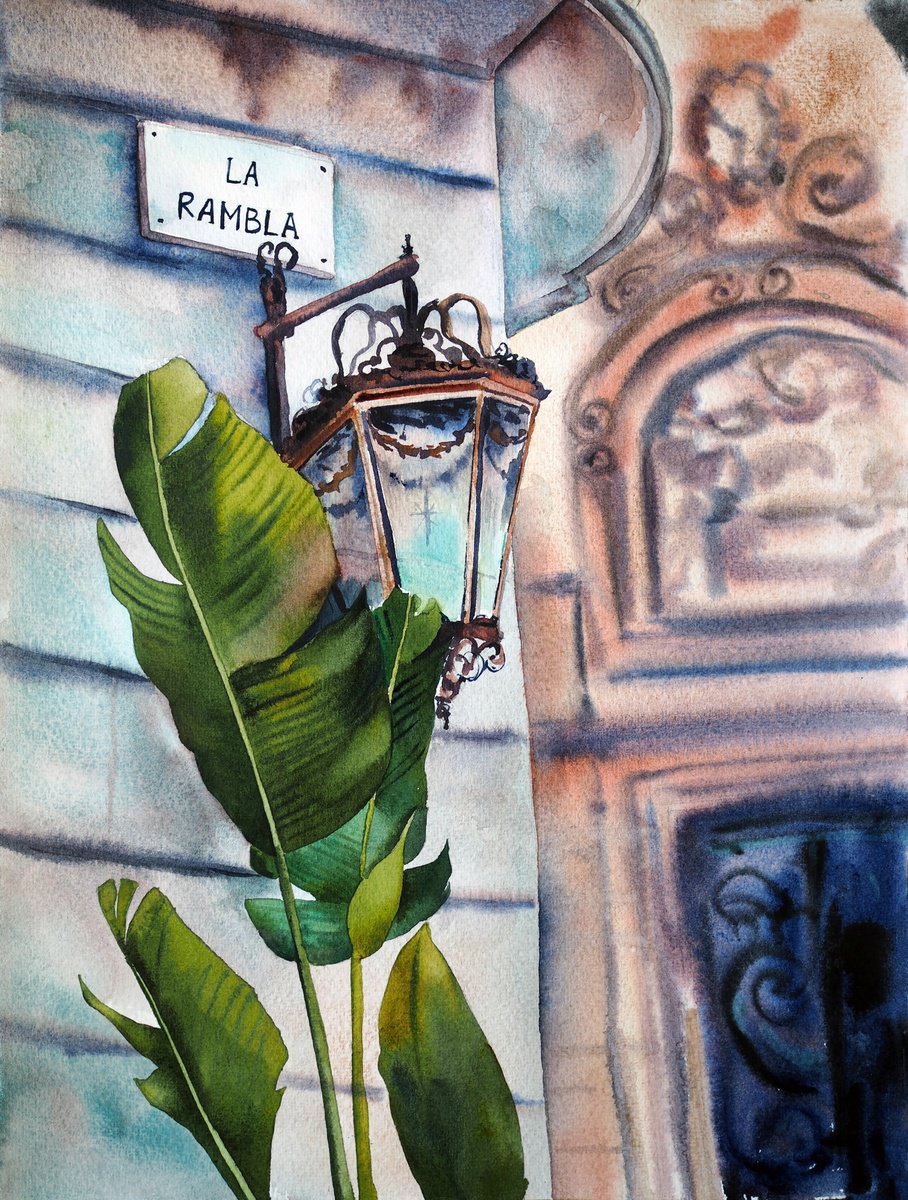 La Rambla - street in Barcelona, original watercolor by Delnara El