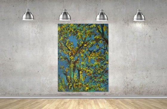 AUTUMN RHAPSODY. RELICT FOREST IN SAMUR - XXL large original painting, oil on canvas,  plants trees, blue yellow, ecology, love, landscape, impressionism,  interior art