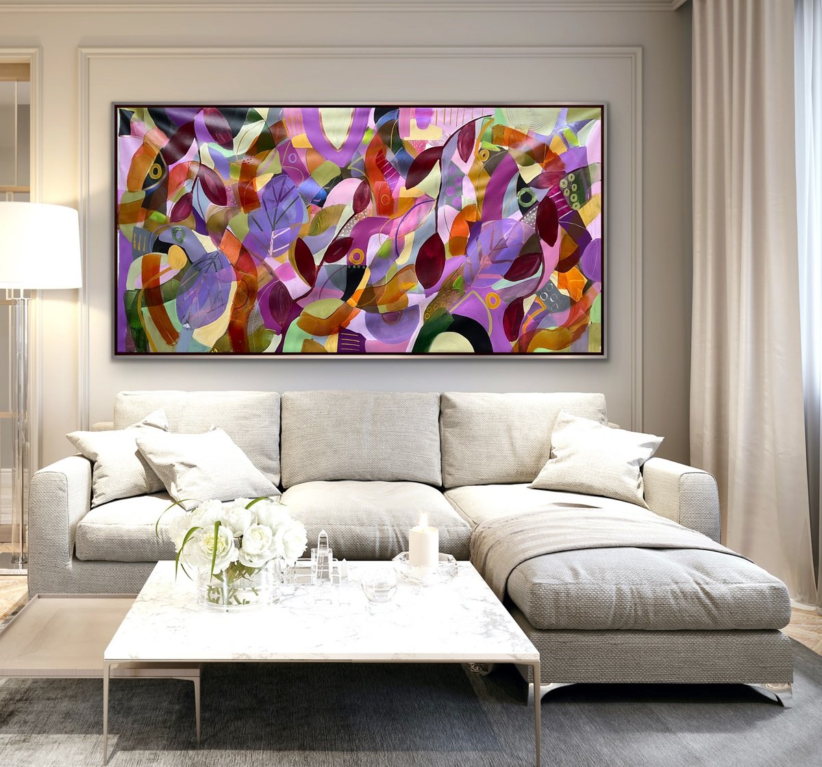 Organic Abstract Acrylic Painting By Rashna Hackett, 72 X 38", The Plants Point Of View, Original Artwork