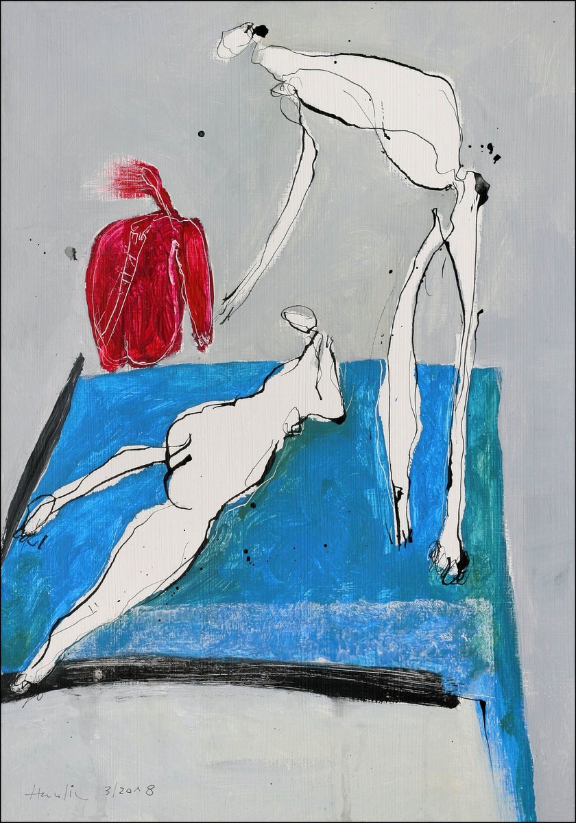 Portrait Acrylic Painting By Jiri Havlik, 14 X 20, Table Games For 3, Original Artwork