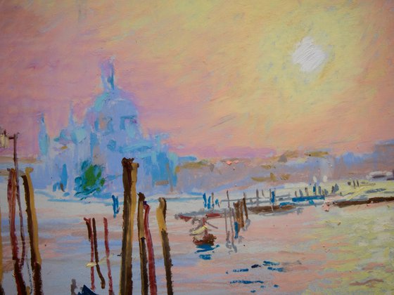 Sunset in Venice. Oil pastel painting. Small interior decor travel gift italy venice shadow original impression sunset