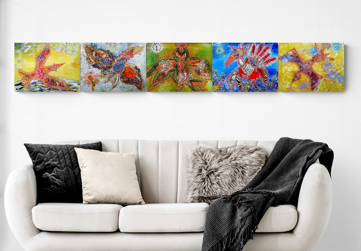 Birds of time (set of 5 artworks) by Tetiana Chebrova