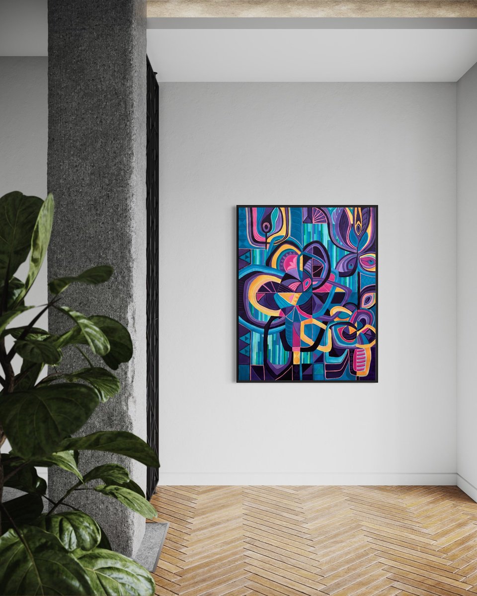 Abstract Acrylic Painting By Samantha Malone, 37 X 47", Flowers On The Wall, Original Artwork