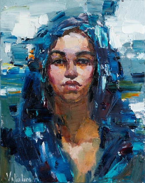 Young Woman in a Blue Headscarf by Anastasiia Valiulina