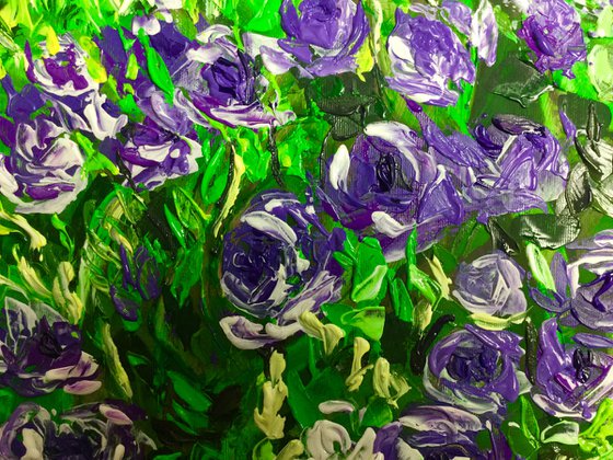 FIELD OF PURPLE PINK WHITE  ROSES  palette knife modern decor MEADOW OF FlOWERS, LANDSCAPE,  office home decor gift