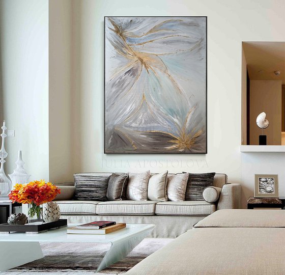 Elegant Wall Art, Minimalist Painting, Original Abstract Art, Gray Silver Gold, Contemporary Art, Ready to Hang, Huge Painting, Modern Large Wall Art Decor, ''Soulscape''