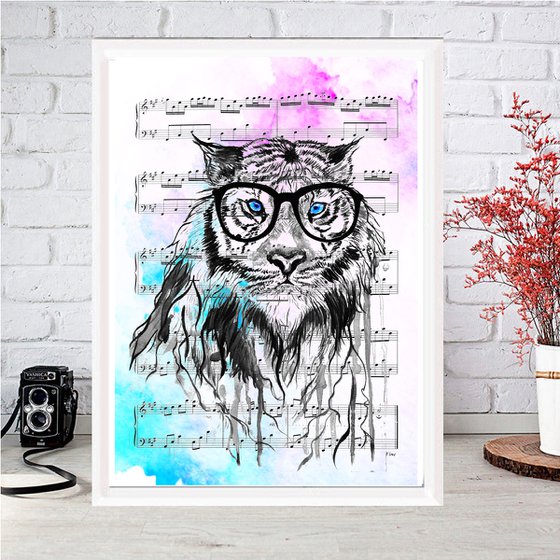 Tiger with glasses, watercolor on sheet music