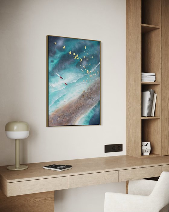 Teal Texture seascape with stingrays  1 90x60