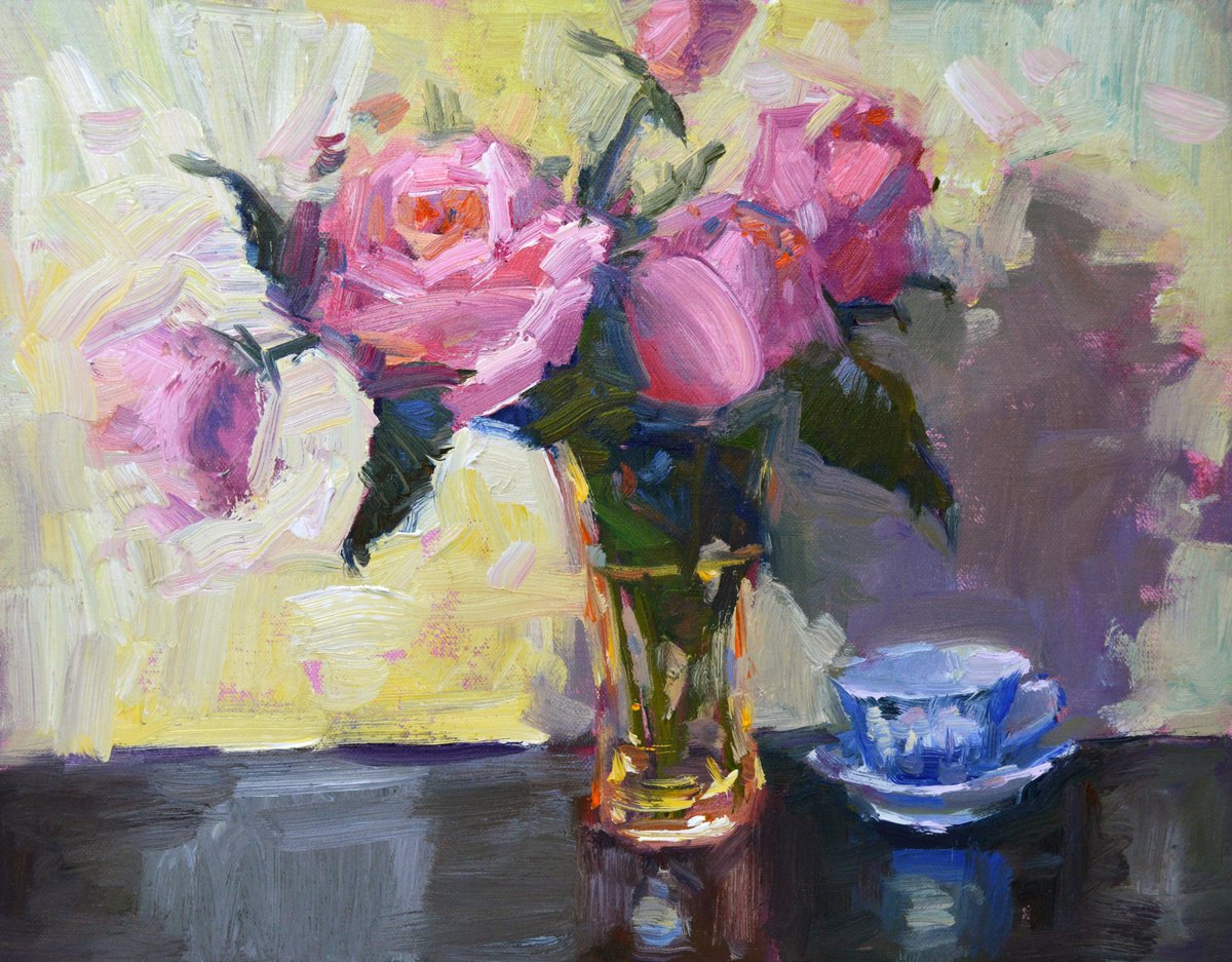 Impressionistic Still Life Oil Painting By Kristina Sellers, 14 X 11", Sunlit Roses, Original Artwork