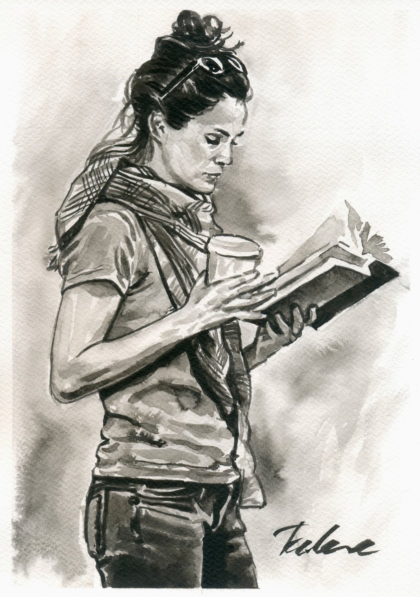 Urban And Pop Portrait Ink Drawing By Tashe, 8 X 12", Booklover, Original Artwork