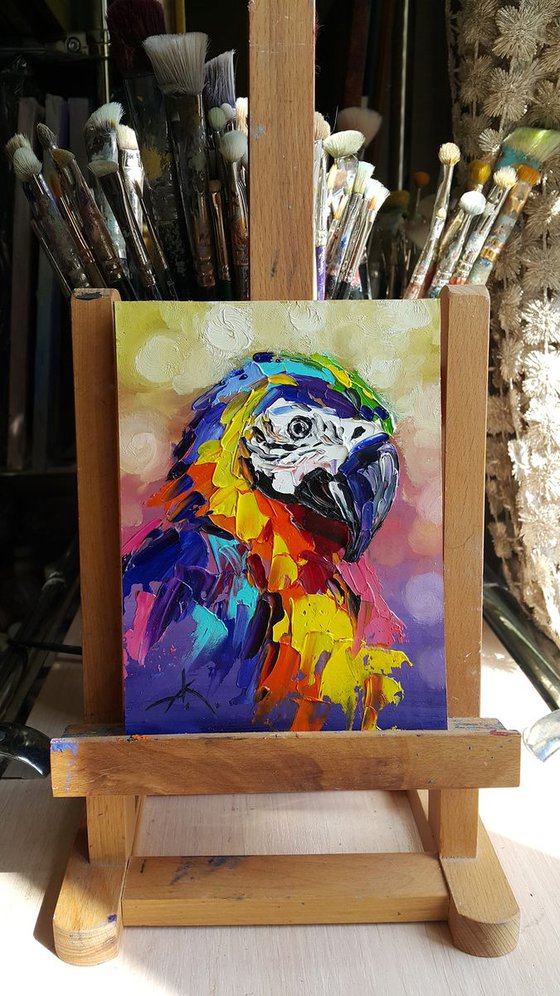 Bird in the lights - parrot, bird, painting on canvas, gift, art bird, animals oil painting