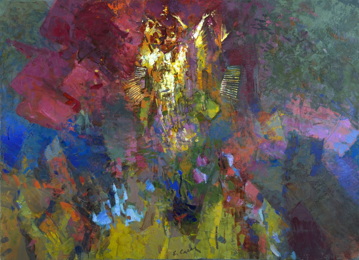 Expressive Portrait Oil Painting By Eugene Segal, 43 X 31, Lamp In The Darkness, Original Artwork