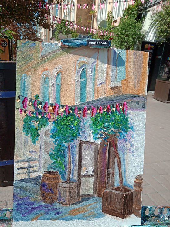 Cafe in the city, plein air painting