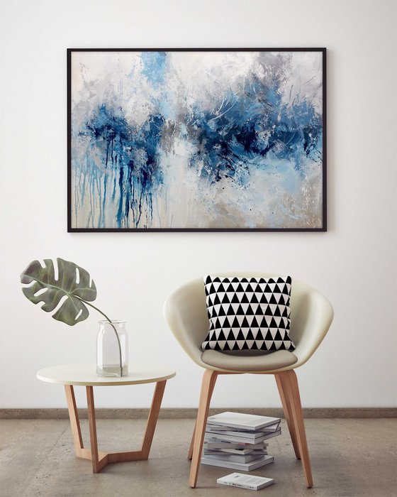 "Evening rain" Blue navy acrylic abstract art