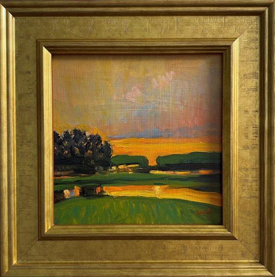 Original Impressionist oil painting-Green Landscape, Sunset. Framed