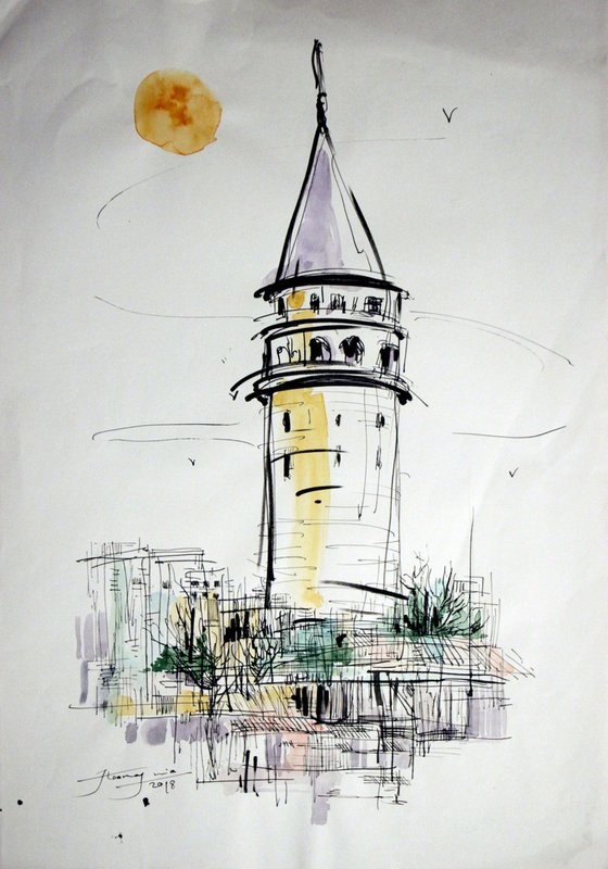 Galata Tower, ink on paper, 30 x 40 cm