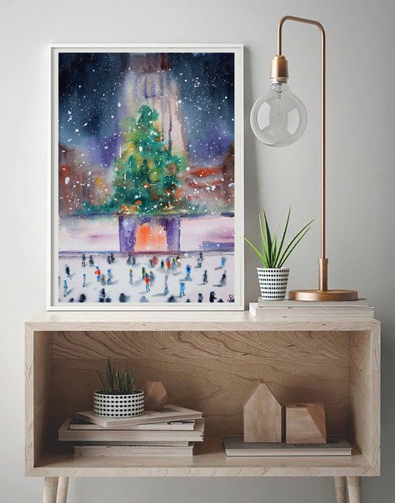 Winter New York watercolor painting, New Year Rockefeller Center, original abstract cityscape, snowy Manhattan