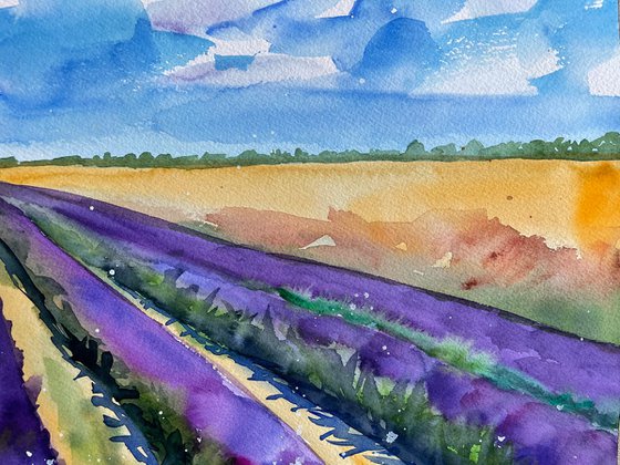 Lavender Original Watercolor Painting, Large Landscape Artwork, Purple Wall Art, France Picture